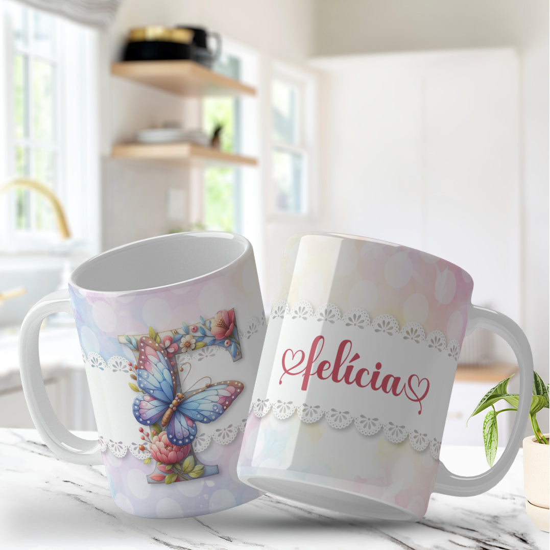 Personalized floral monogram mug with butterflies for sublimation, Caneca monograma personalizada com borboletas e flores para sublimação, Custom name and initial mug design with pastel butterflies and flowers, Caneca com nome e inicial personalizada com borboletas e flores delicadas, Butterfly and floral mug wrap for 11oz and 15oz sublimation mugs