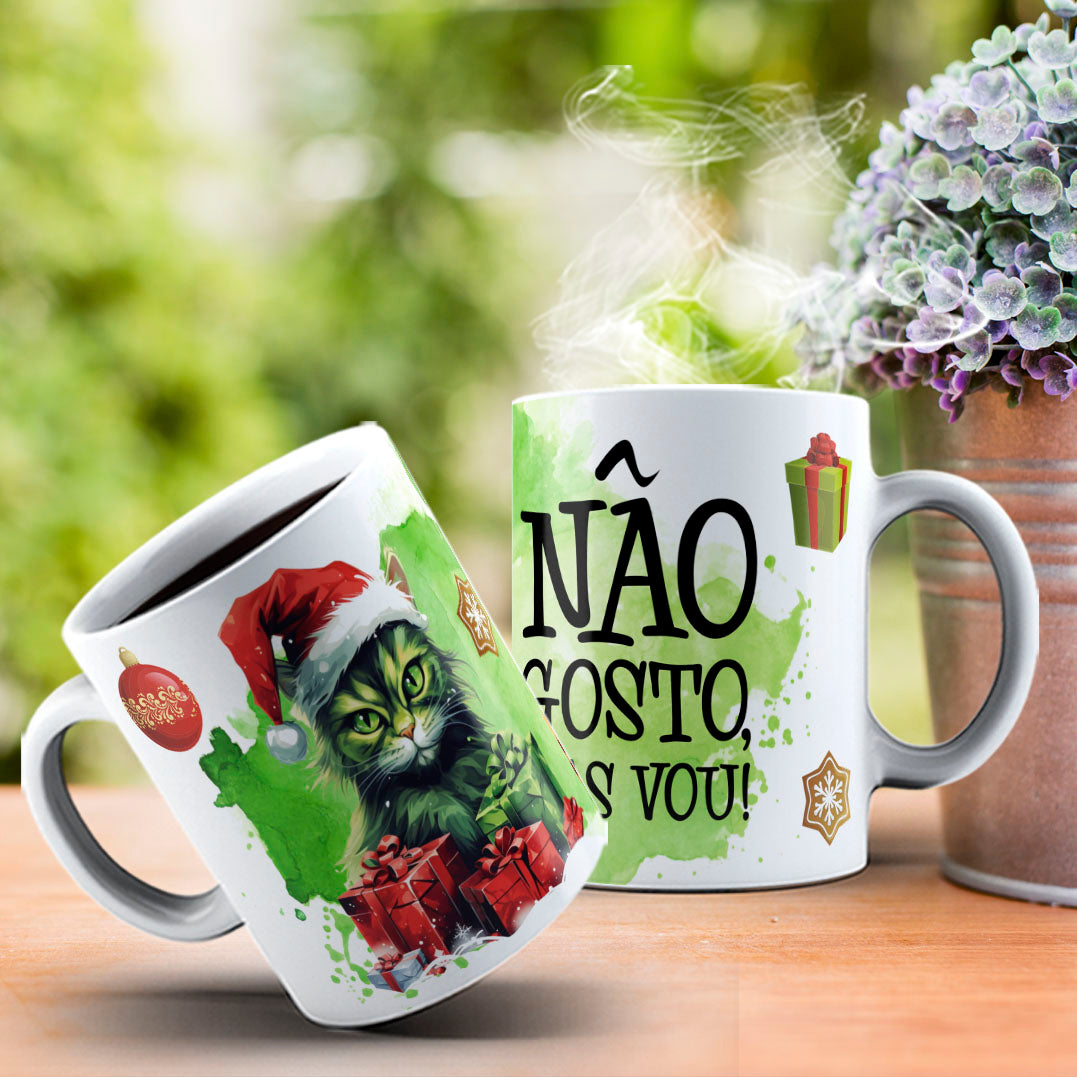Funny Grumpy Green Cat Christmas Mug Sublimation Wrap PNG Bundle | Sarcastic Holiday Quotes 11oz 15oz Mug Template