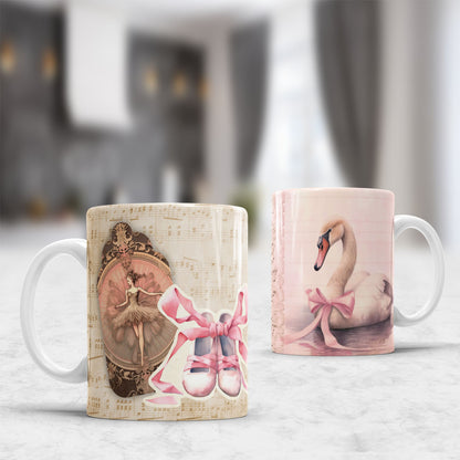 Vintage Ballet Mug Sublimation Designs PNG | Elegant Ballerina Pink Tutu Pointe Shoes Coffee Cup Wrap Bundle