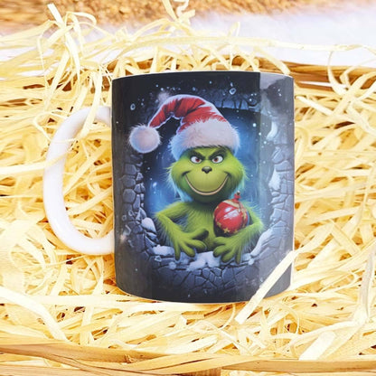 3D Funny Green Christmas Monster Mug Sublimation PNG Bundle | Cracked Wall Holiday Santa Mug Wrap 11oz 15oz Template