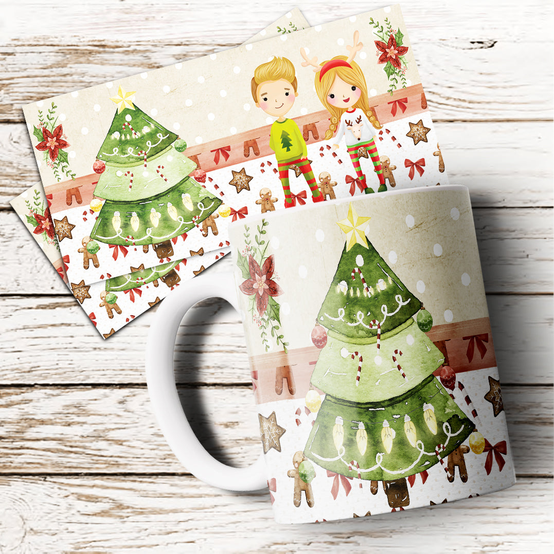 Cute Watercolor Christmas Mug Sublimation PNG Bundle | Whimsical Holiday Mug Wrap Template