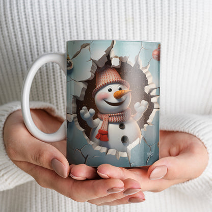 3D Snowman Mug Sublimation PNG Bundle | Cute Winter Snowman Breaking Through Wall Mug Wrap 11oz 15oz Template
