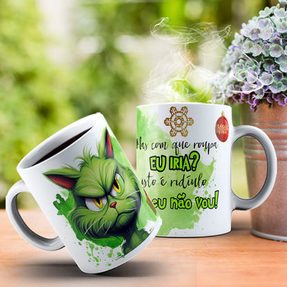 Funny Grumpy Green Cat Christmas Mug Sublimation Wrap PNG Bundle | Sarcastic Holiday Quotes 11oz 15oz Mug Template