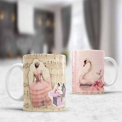 Vintage Ballet Mug Sublimation Designs PNG | Elegant Ballerina Pink Tutu Pointe Shoes Coffee Cup Wrap Bundle