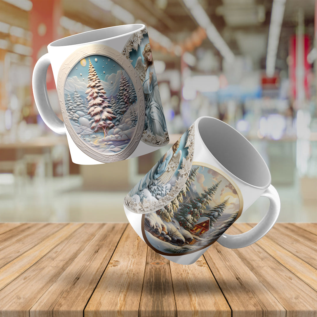 3D Winter Wonderland Mug Sublimation Wrap PNG Bundle | Embossed Christmas Vignette Mug Template