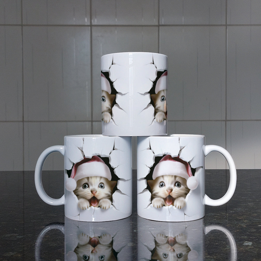 3D Christmas Animal Mug Sublimation PNG Bundle | Bursting Cute Pets Santa Hat Mug Wrap