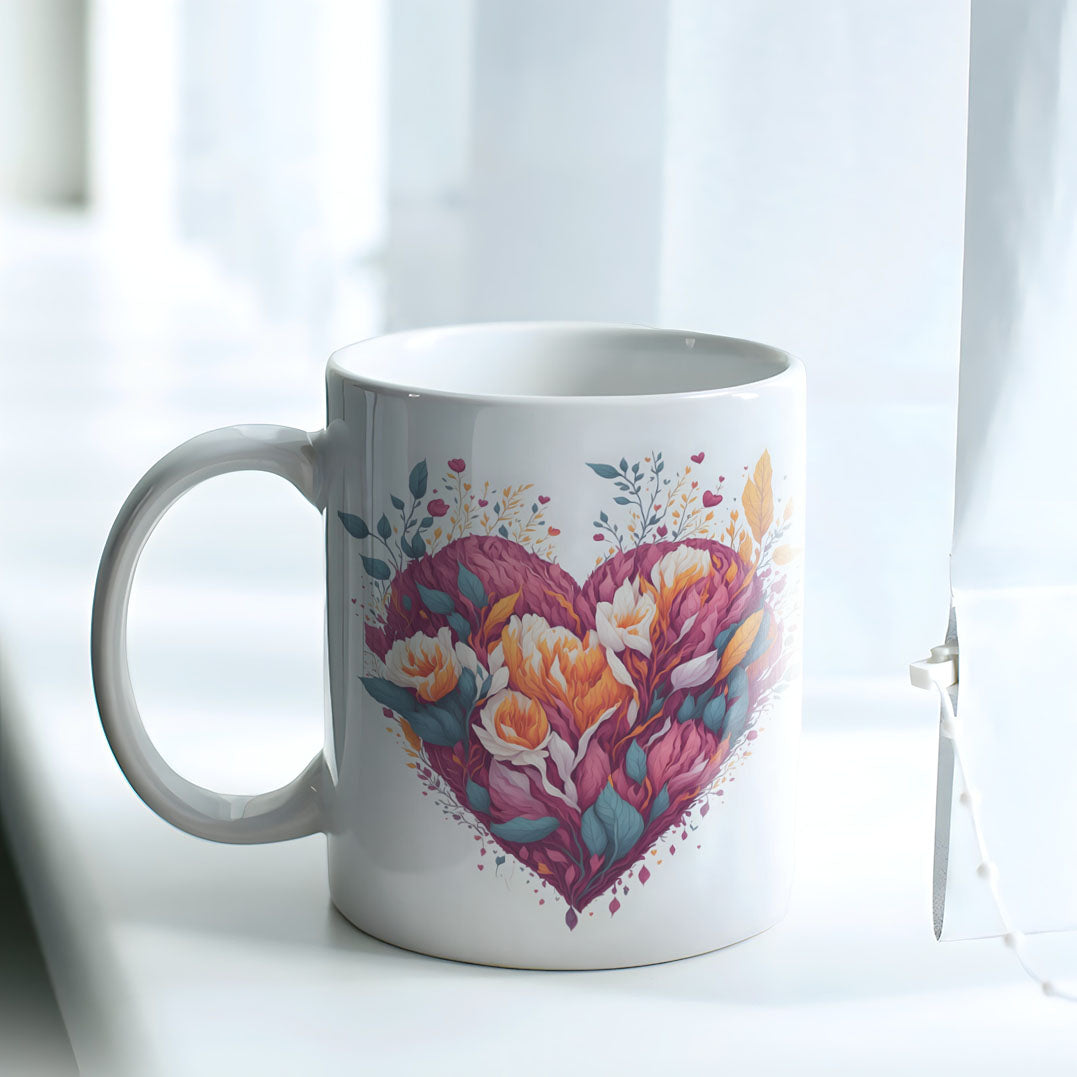 Floral Heart Mug Sublimation PNG Bundle | Botanical Heart Coffee Cup Design Template
