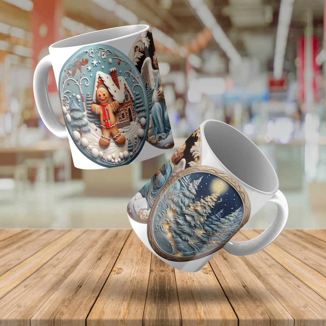 3D Winter Wonderland Mug Sublimation Wrap PNG Bundle | Embossed Christmas Vignette Mug Template