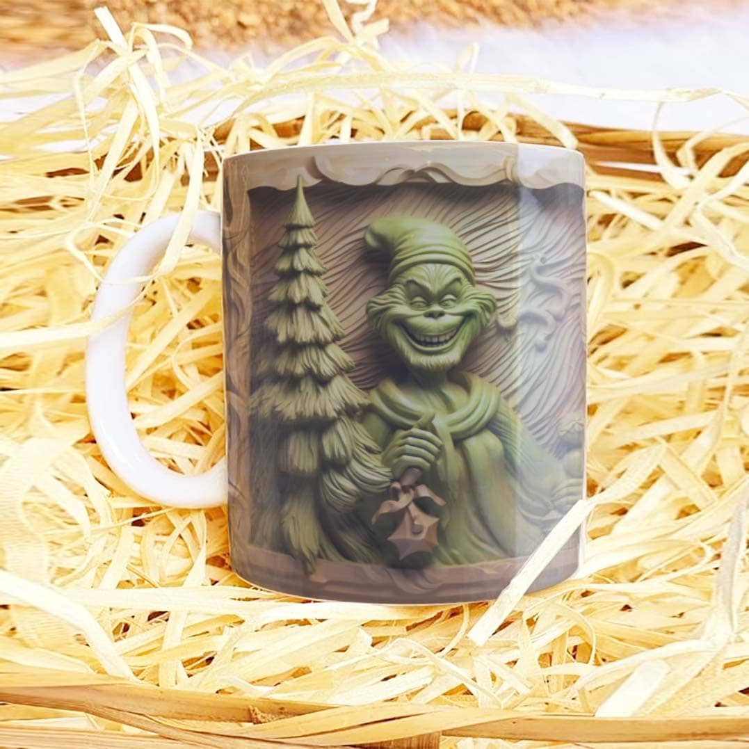 3D Funny Green Christmas Monster Mug Sublimation PNG Bundle | Cracked Wall Holiday Santa Mug Wrap 11oz 15oz Template