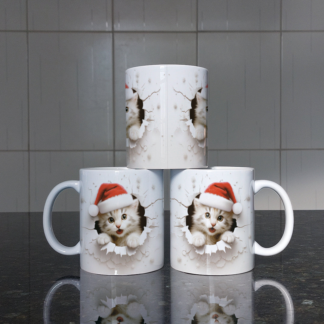 3D Christmas Animal Mug Sublimation PNG Bundle | Bursting Cute Pets Santa Hat Mug Wrap