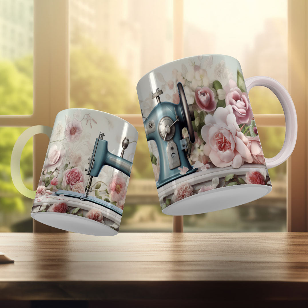 Vintage Sewing Machine Mug Sublimation PNG Bundle | Floral Seamstress Coffee Cup Wrap