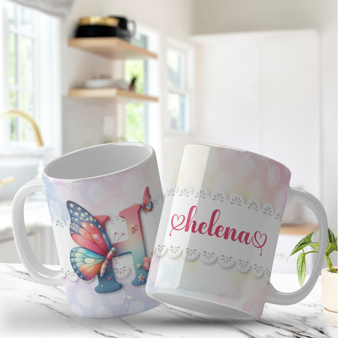 Personalized floral monogram mug with butterflies for sublimation, Caneca monograma personalizada com borboletas e flores para sublimação, Custom name and initial mug design with pastel butterflies and flowers, Caneca com nome e inicial personalizada com borboletas e flores delicadas, Butterfly and floral mug wrap for 11oz and 15oz sublimation mugs