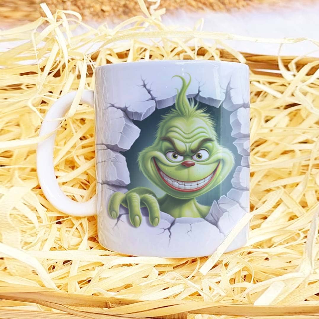 3D Funny Green Christmas Monster Mug Sublimation PNG Bundle | Cracked Wall Holiday Santa Mug Wrap 11oz 15oz Template