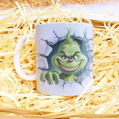 3D Funny Green Christmas Monster Mug Sublimation PNG Bundle | Cracked Wall Holiday Santa Mug Wrap 11oz 15oz Template