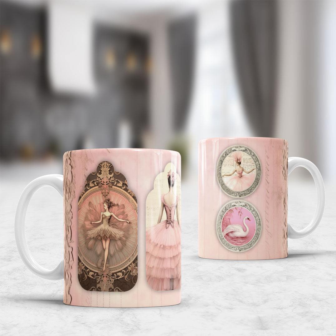 Vintage Ballet Mug Sublimation Designs PNG | Elegant Ballerina Pink Tutu Pointe Shoes Coffee Cup Wrap Bundle