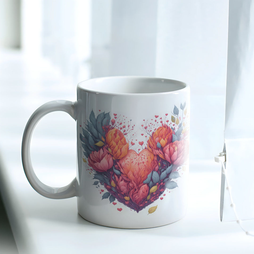 Floral Heart Mug Sublimation PNG Bundle | Botanical Heart Coffee Cup Design Template