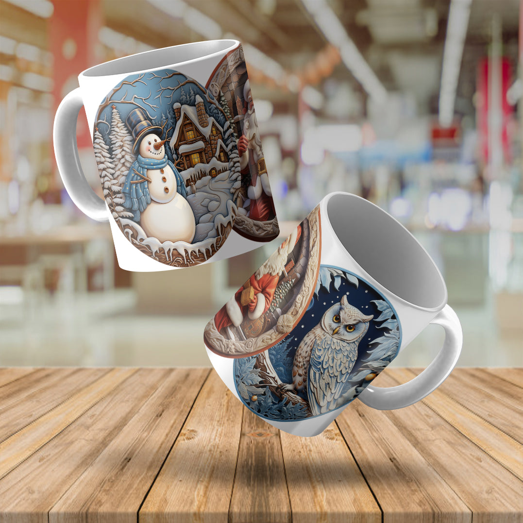 3D Winter Wonderland Mug Sublimation Wrap PNG Bundle | Embossed Christmas Vignette Mug Template