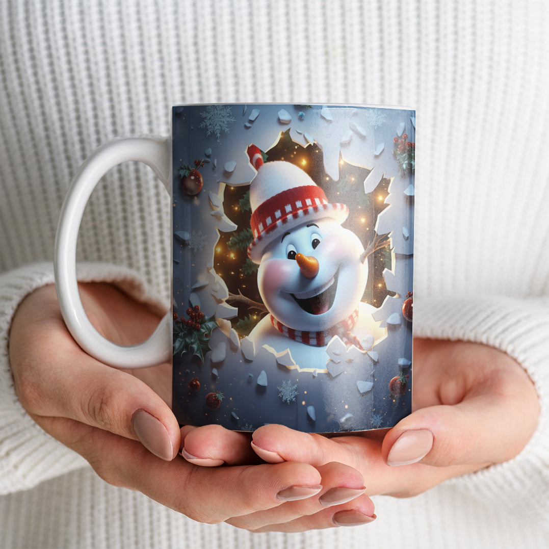3D Snowman Mug Sublimation PNG Bundle | Cute Winter Snowman Breaking Through Wall Mug Wrap 11oz 15oz Template
