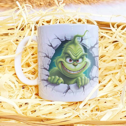 3D Funny Green Christmas Monster Mug Sublimation PNG Bundle | Cracked Wall Holiday Santa Mug Wrap 11oz 15oz Template