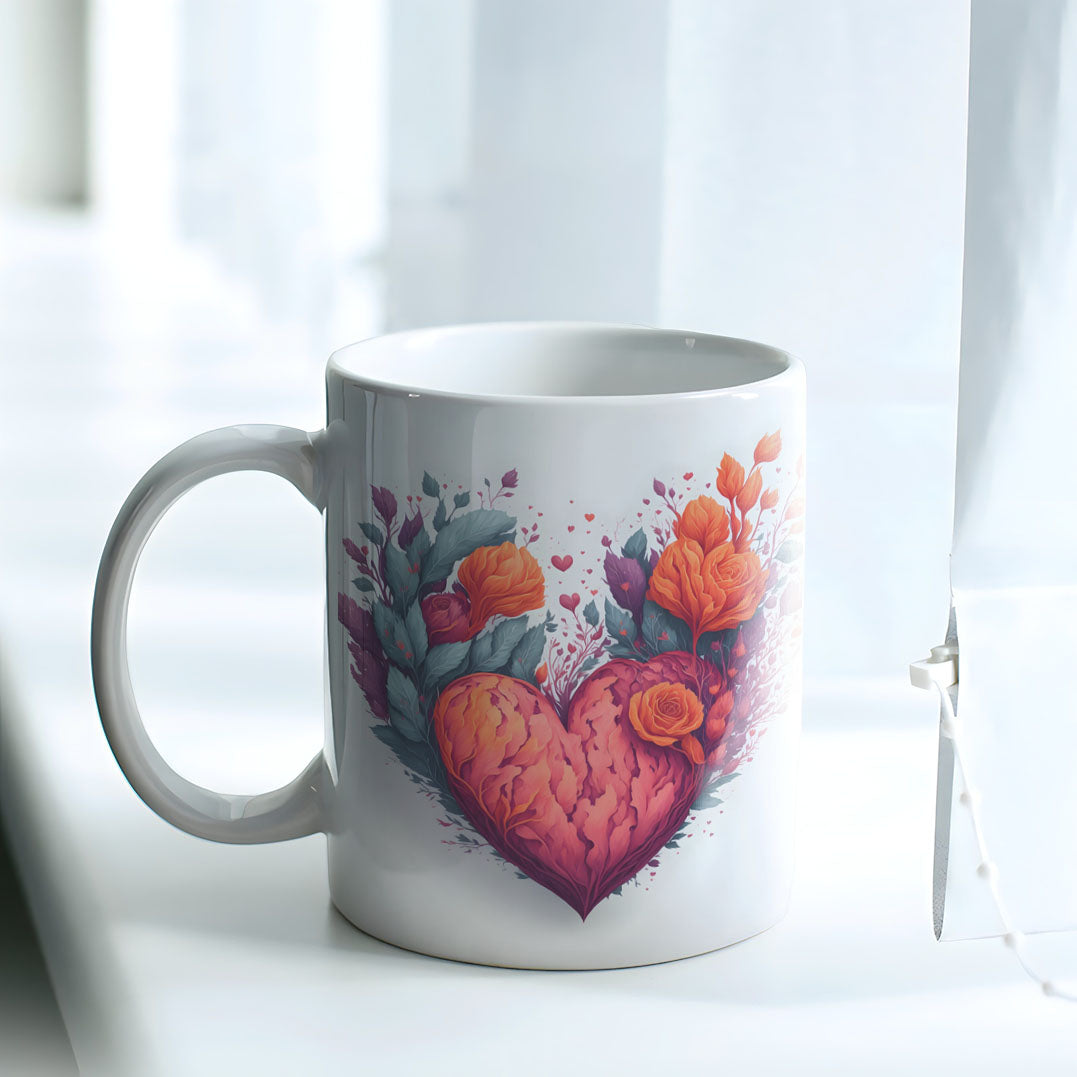 Floral Heart Mug Sublimation PNG Bundle | Botanical Heart Coffee Cup Design Template