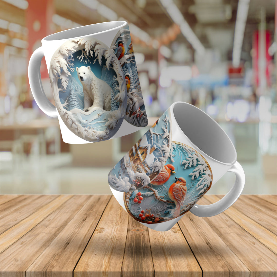 3D Winter Wonderland Mug Sublimation Wrap PNG Bundle | Embossed Christmas Vignette Mug Template