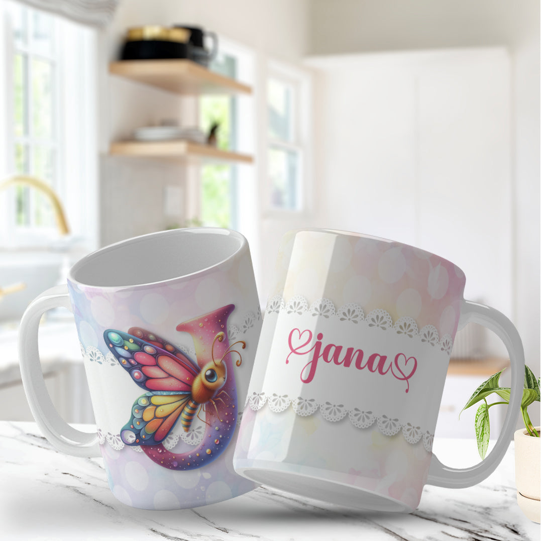 Personalized floral monogram mug with butterflies for sublimation, Caneca monograma personalizada com borboletas e flores para sublimação, Custom name and initial mug design with pastel butterflies and flowers, Caneca com nome e inicial personalizada com borboletas e flores delicadas, Butterfly and floral mug wrap for 11oz and 15oz sublimation mugs