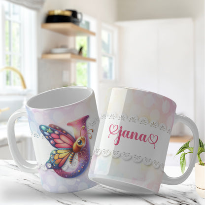 Personalized floral monogram mug with butterflies for sublimation, Caneca monograma personalizada com borboletas e flores para sublimação, Custom name and initial mug design with pastel butterflies and flowers, Caneca com nome e inicial personalizada com borboletas e flores delicadas, Butterfly and floral mug wrap for 11oz and 15oz sublimation mugs
