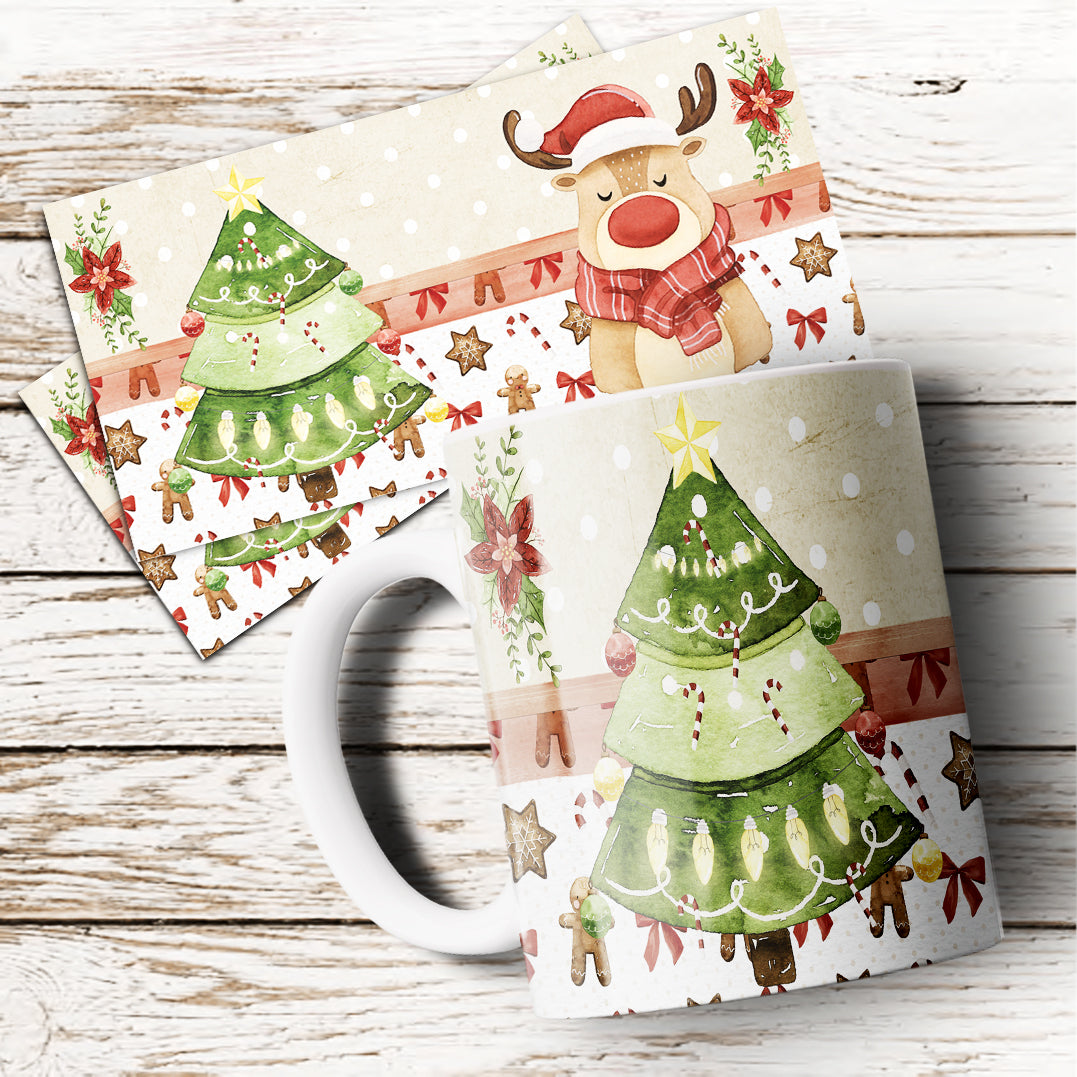 Cute Watercolor Christmas Mug Sublimation PNG Bundle | Whimsical Holiday Mug Wrap Template