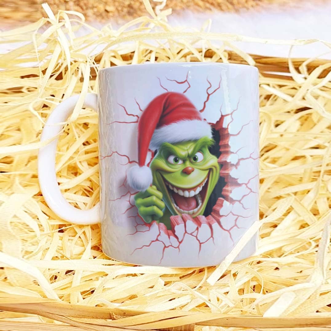 3D Funny Green Christmas Monster Mug Sublimation PNG Bundle | Cracked Wall Holiday Santa Mug Wrap 11oz 15oz Template