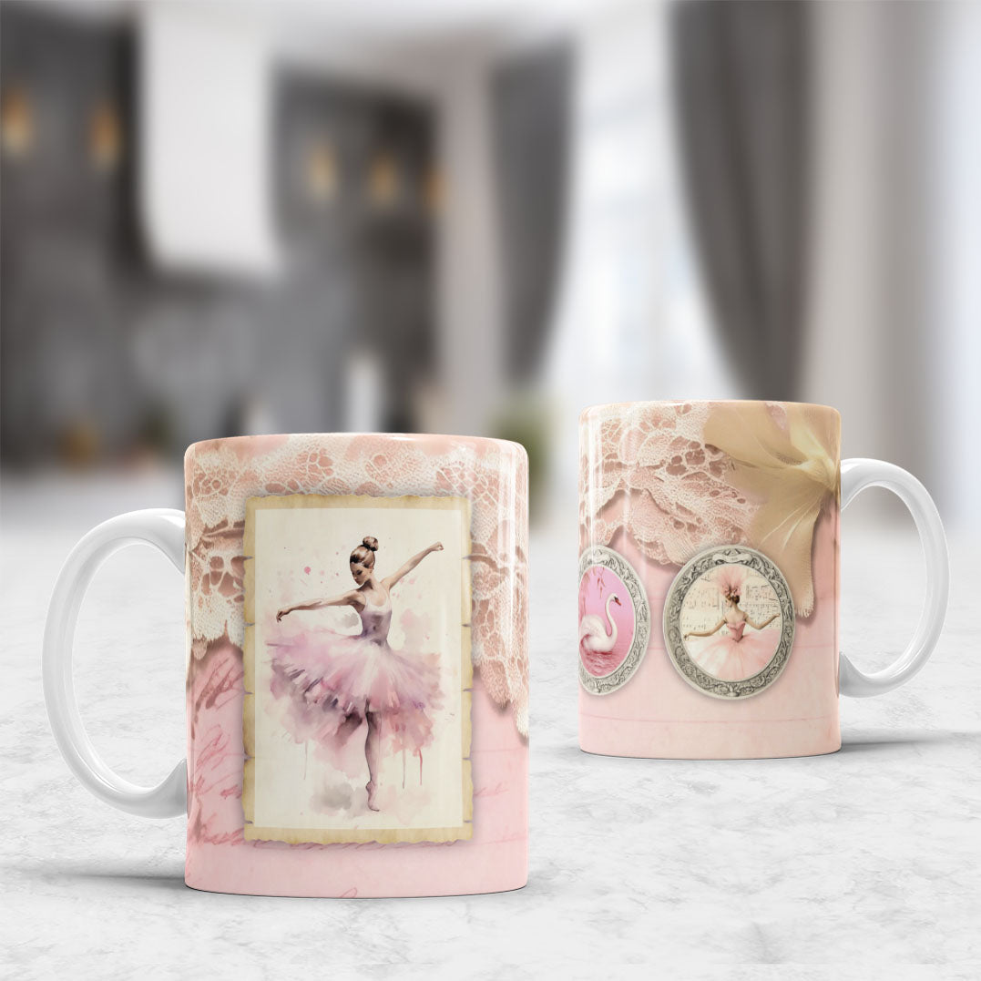 Vintage Ballet Mug Sublimation Designs PNG | Elegant Ballerina Pink Tutu Pointe Shoes Coffee Cup Wrap Bundle