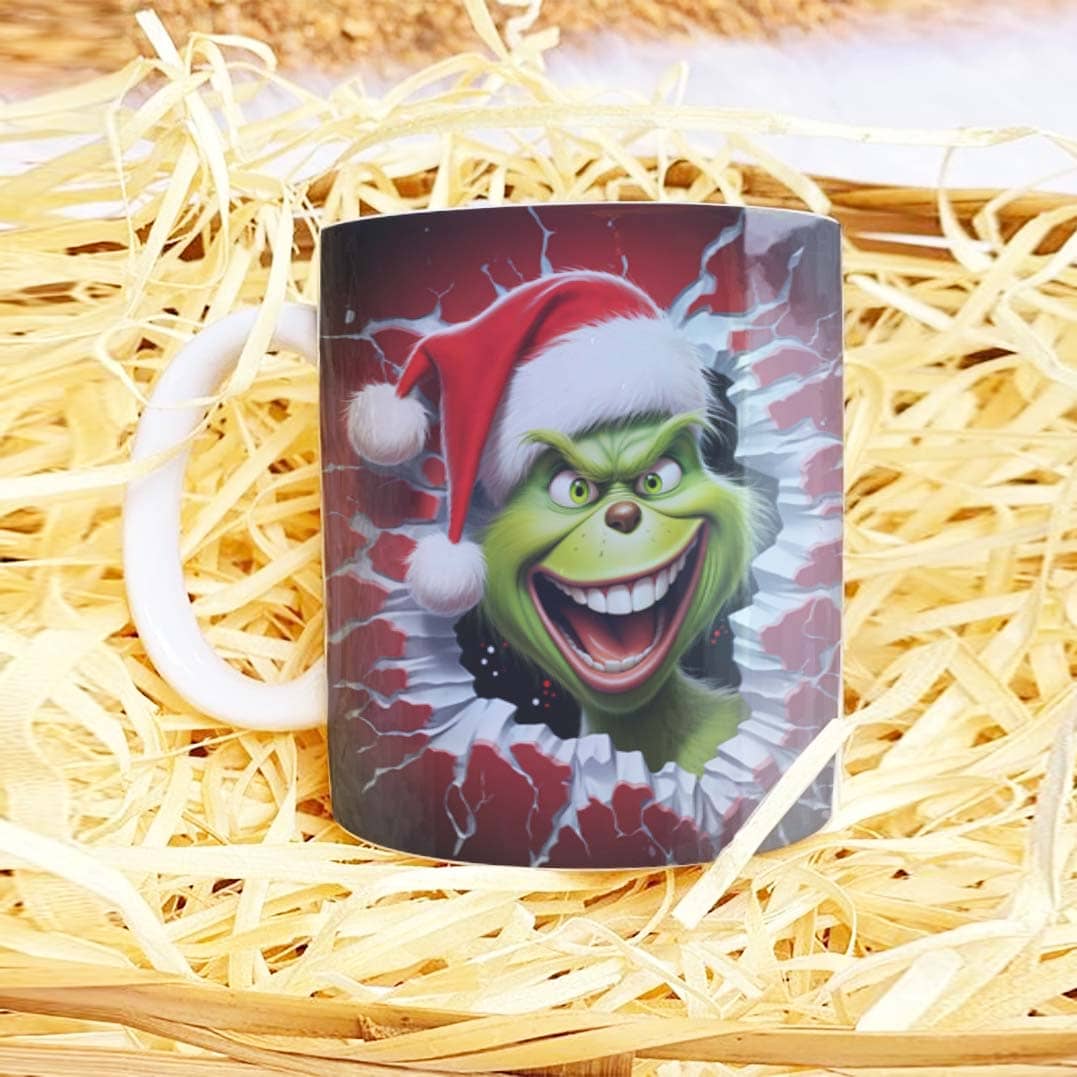 3D Funny Green Christmas Monster Mug Sublimation PNG Bundle | Cracked Wall Holiday Santa Mug Wrap 11oz 15oz Template