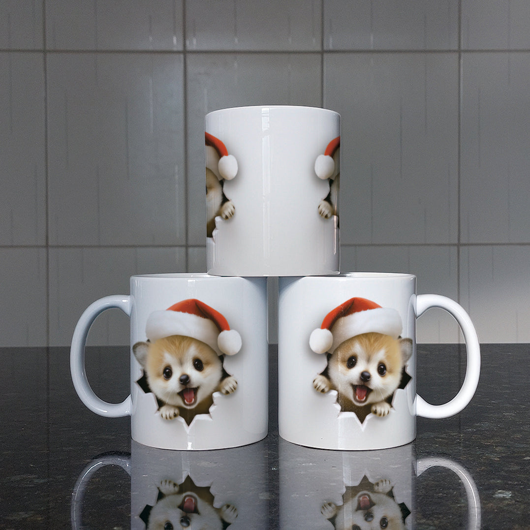 3D Christmas Animal Mug Sublimation PNG Bundle | Bursting Cute Pets Santa Hat Mug Wrap