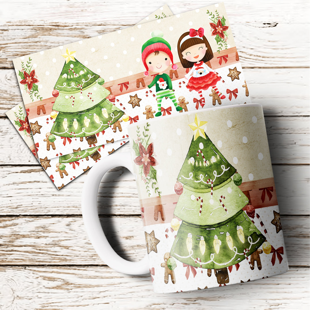 Cute Watercolor Christmas Mug Sublimation PNG Bundle | Whimsical Holiday Mug Wrap Template