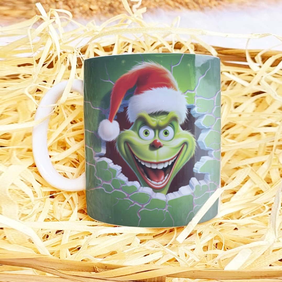 3D Funny Green Christmas Monster Mug Sublimation PNG Bundle | Cracked Wall Holiday Santa Mug Wrap 11oz 15oz Template