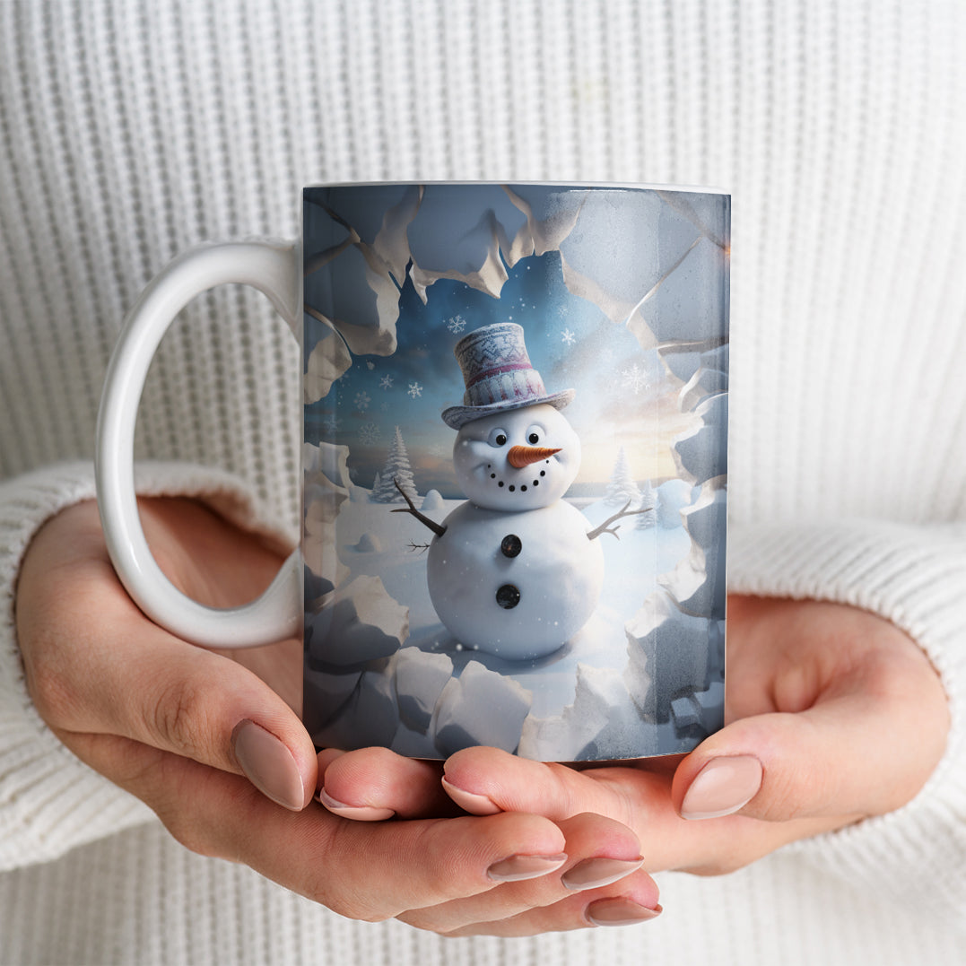 3D Snowman Mug Sublimation PNG Bundle | Cute Winter Snowman Breaking Through Wall Mug Wrap 11oz 15oz Template