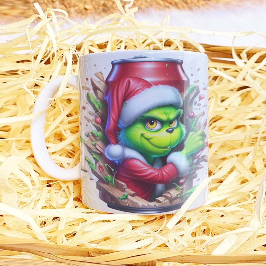 3D Funny Green Christmas Monster Mug Sublimation PNG Bundle | Cracked Wall Holiday Santa Mug Wrap 11oz 15oz Template