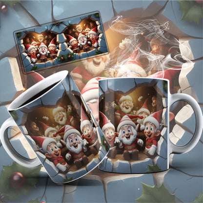 3D Christmas Mug Sublimation PNG Bundle | Funny Bursting Santa Claus & Elves Mug Wrap 11oz 15oz Template