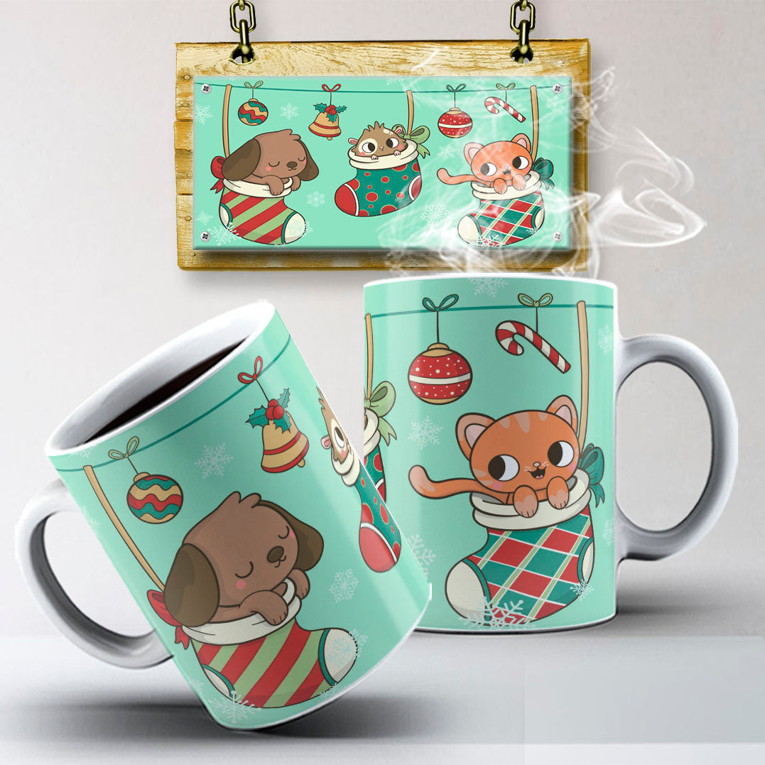 Christmas Pets Mug Sublimation PNG Bundle | Cute Dog and Cat Holiday Mug Wrap Template