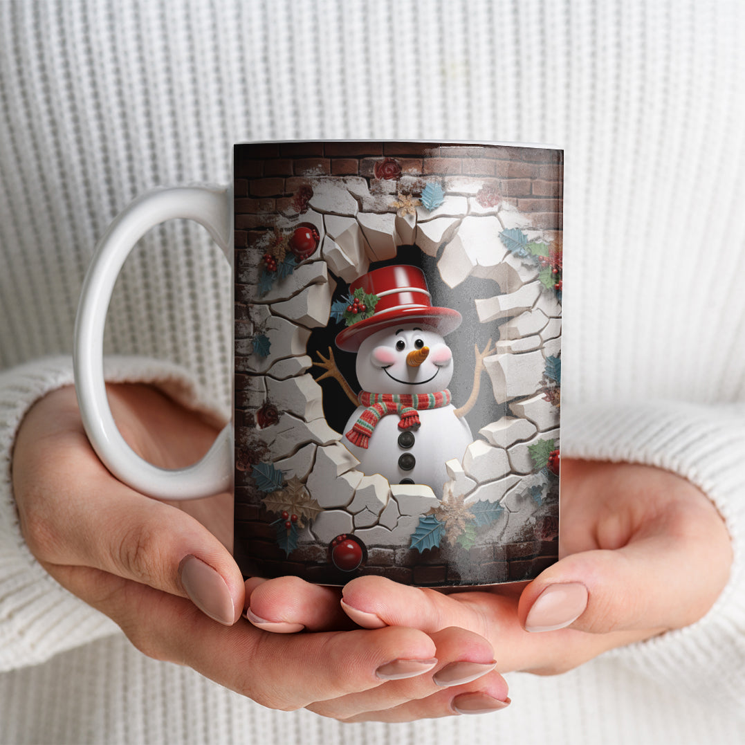 3D Snowman Mug Sublimation PNG Bundle | Cute Winter Snowman Breaking Through Wall Mug Wrap 11oz 15oz Template