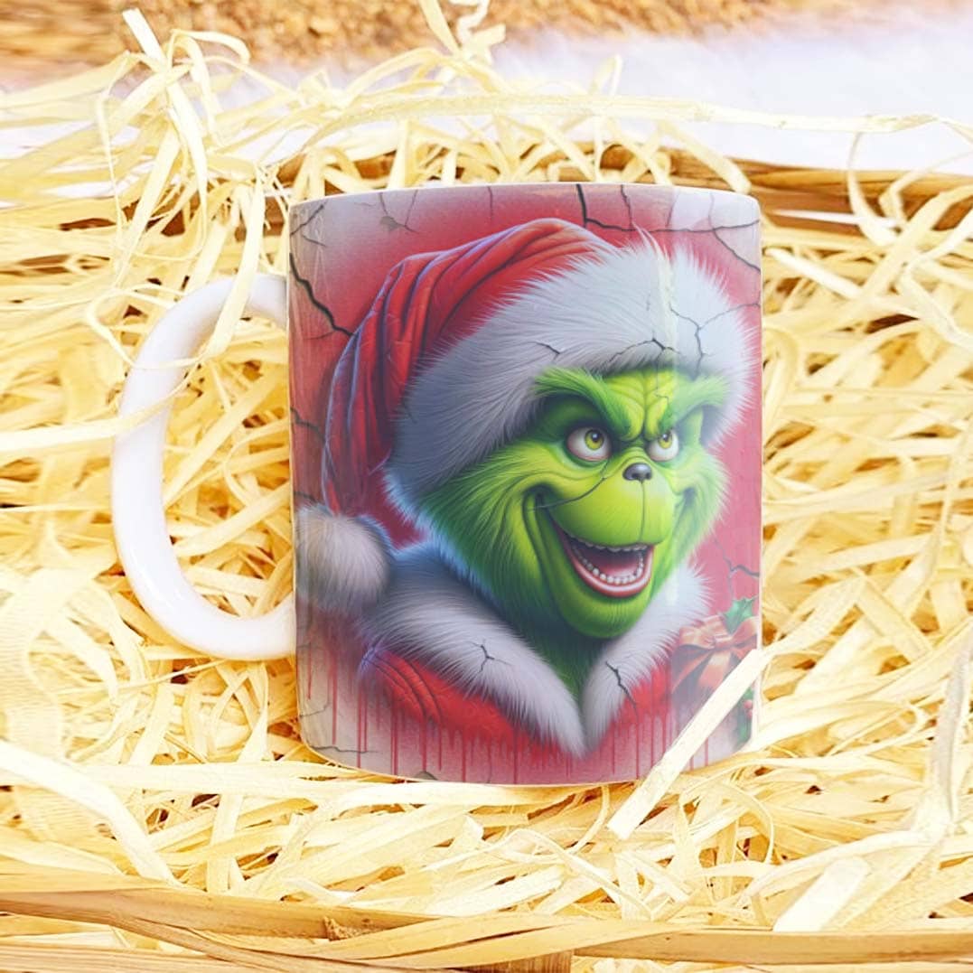 3D Funny Green Christmas Monster Mug Sublimation PNG Bundle | Cracked Wall Holiday Santa Mug Wrap 11oz 15oz Template