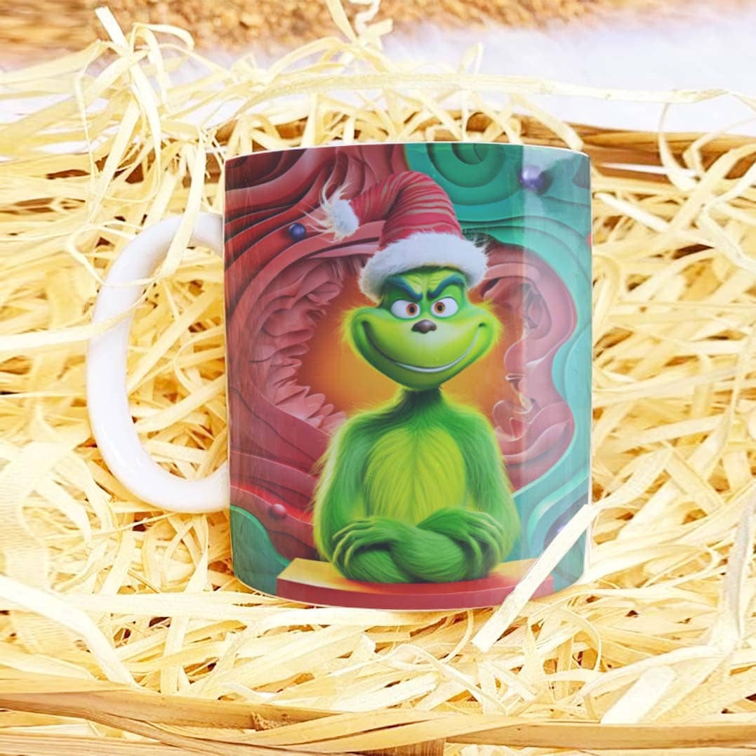 3D Funny Green Christmas Monster Mug Sublimation PNG Bundle | Cracked Wall Holiday Santa Mug Wrap 11oz 15oz Template
