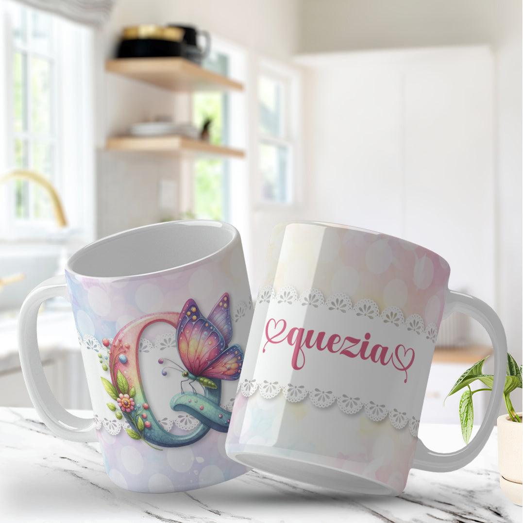 Personalized floral monogram mug with butterflies for sublimation, Caneca monograma personalizada com borboletas e flores para sublimação, Custom name and initial mug design with pastel butterflies and flowers, Caneca com nome e inicial personalizada com borboletas e flores delicadas, Butterfly and floral mug wrap for 11oz and 15oz sublimation mugs