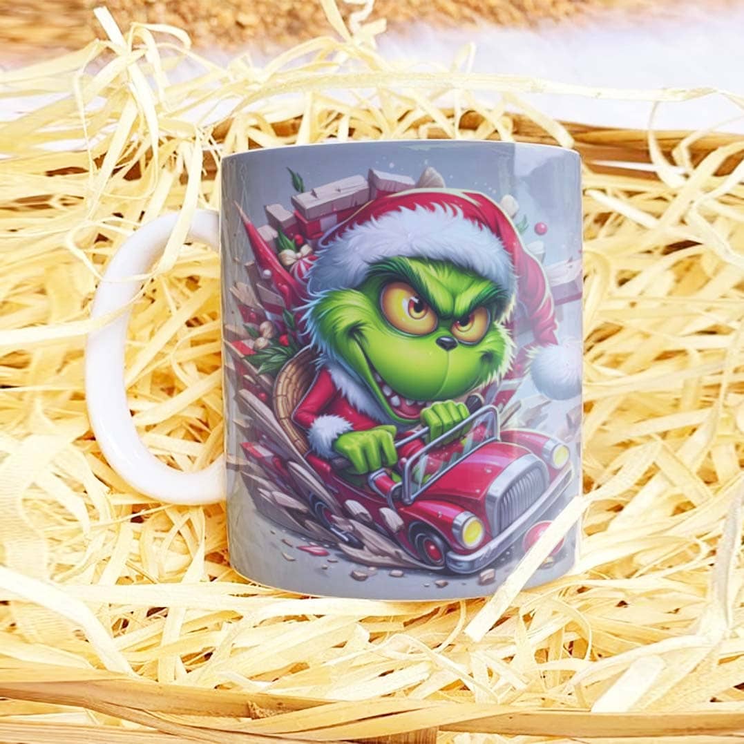 3D Funny Green Christmas Monster Mug Sublimation PNG Bundle | Cracked Wall Holiday Santa Mug Wrap 11oz 15oz Template