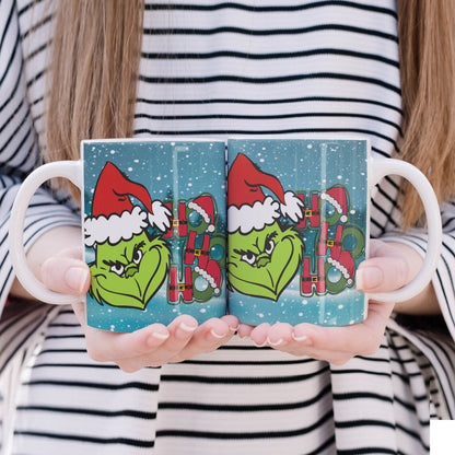 Funny Green Christmas Monster Mug Sublimation Wrap PNG Bundle | Sarcastic Holiday Quotes Mug Template