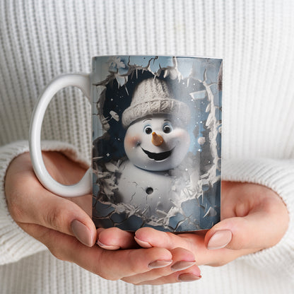 3D Snowman Mug Sublimation PNG Bundle | Cute Winter Snowman Breaking Through Wall Mug Wrap 11oz 15oz Template
