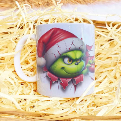 3D Funny Green Christmas Monster Mug Sublimation PNG Bundle | Cracked Wall Holiday Santa Mug Wrap 11oz 15oz Template