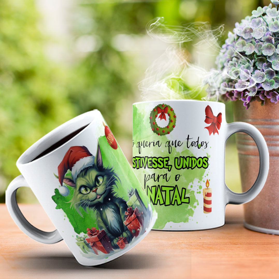 Funny Grumpy Green Cat Christmas Mug Sublimation Wrap PNG Bundle | Sarcastic Holiday Quotes 11oz 15oz Mug Template
