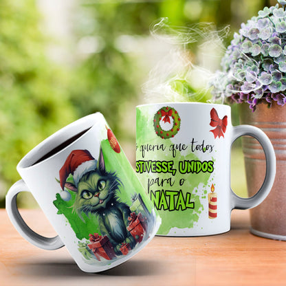 Funny Grumpy Green Cat Christmas Mug Sublimation Wrap PNG Bundle | Sarcastic Holiday Quotes 11oz 15oz Mug Template