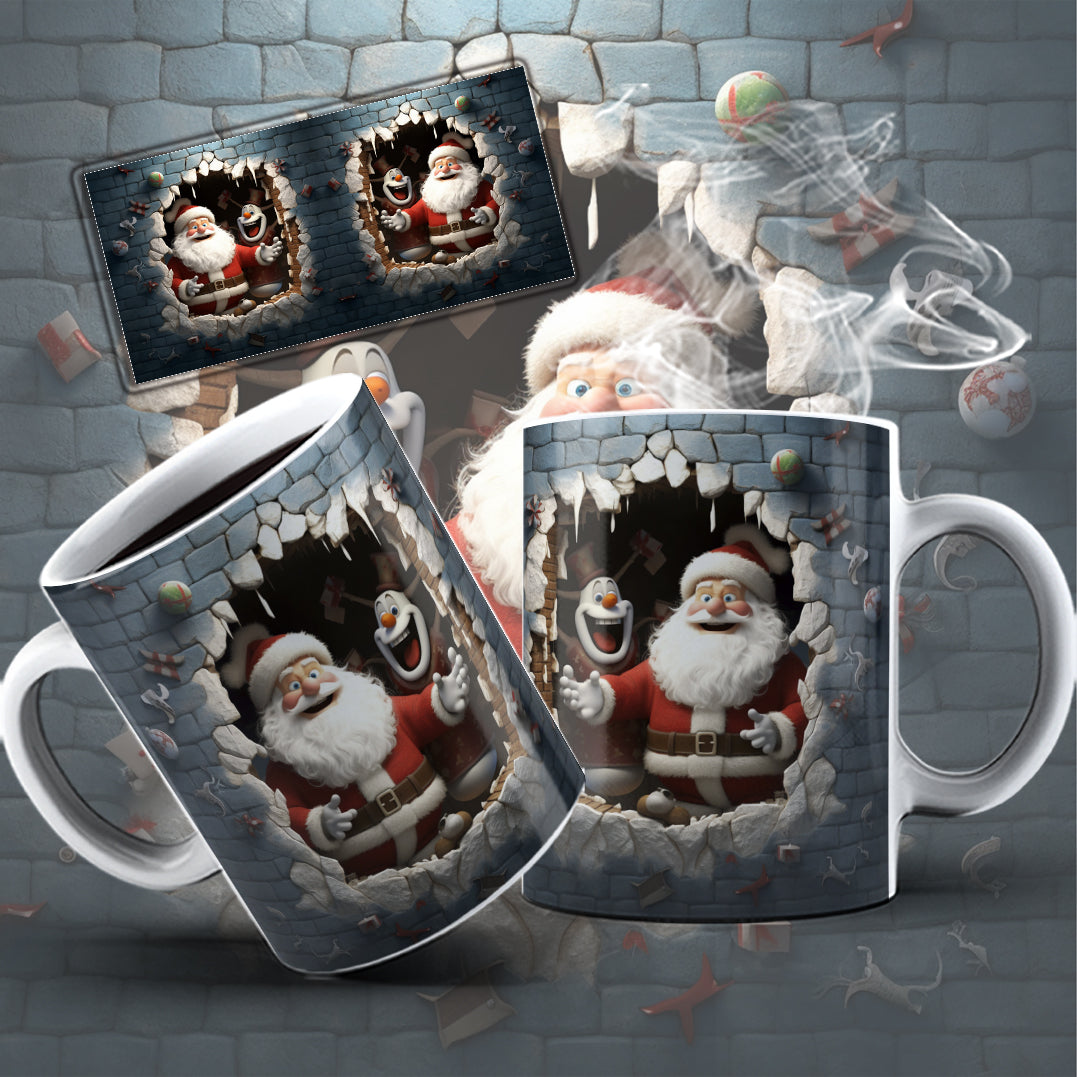 3D Christmas Mug Sublimation PNG Bundle | Funny Bursting Santa Claus & Elves Mug Wrap 11oz 15oz Template