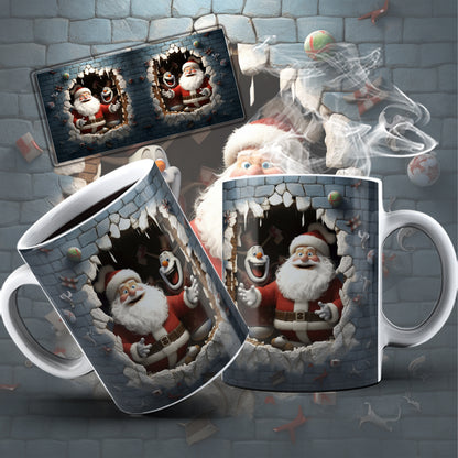 3D Christmas Mug Sublimation PNG Bundle | Funny Bursting Santa Claus & Elves Mug Wrap 11oz 15oz Template